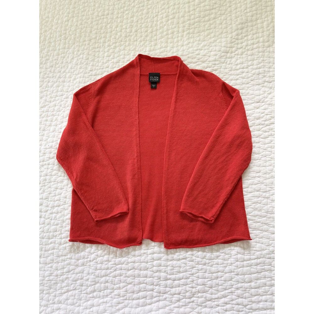 Eileen Fisher 100% Linen Open Front Cardigan Sweater Burnt Orange Small